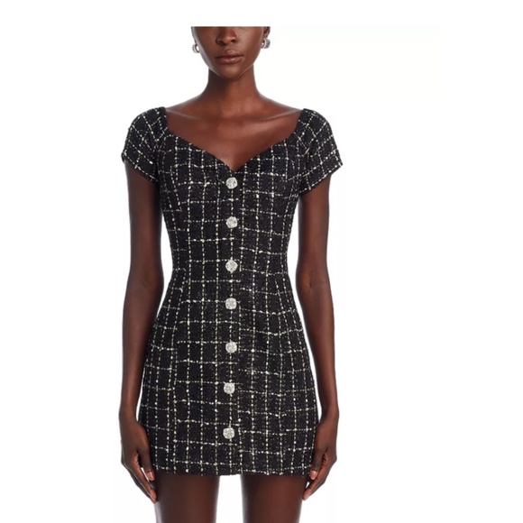 AQUA Tweed Crystal Button Mini Dress – NWT, Black/White, XS - Picture 5 of 5
